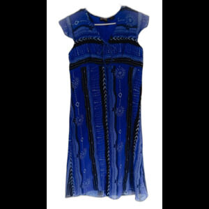 Vintage Retro Shades Of Blue Tribal Print Babydoll Lined Cap Sleeve Midi Dress L